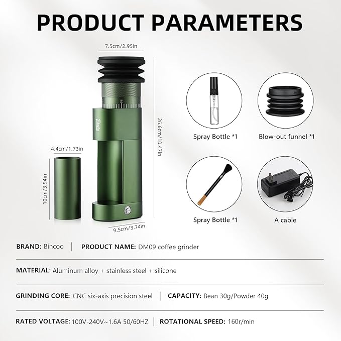 Bincoo DM09 Electric Coffee Grinder with CNC Steel Burr,Stepless Adjustable Settings Coffee Bean Grinder, Compact Design, Quiet Operation – For Espresso,Pour Over,French Press(Green)