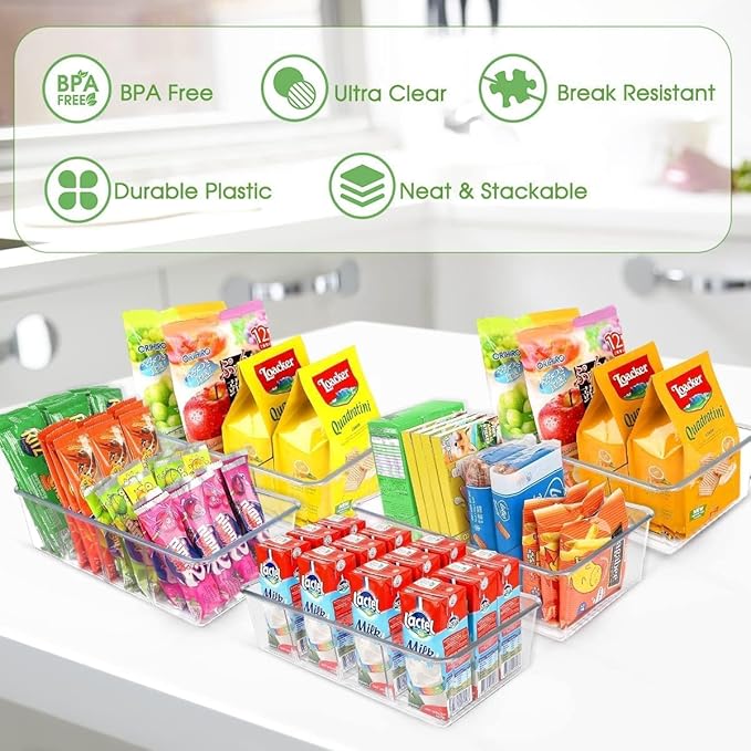 6 Pcs Clear Pantry Organizers and Storage,Plastic Storage Bins for Fridge with Removable Dividers, Kitchen Cabinet Organizers Ideal for Kitchen, Pantry, Refrigerator, Freezer, and Snack Storage