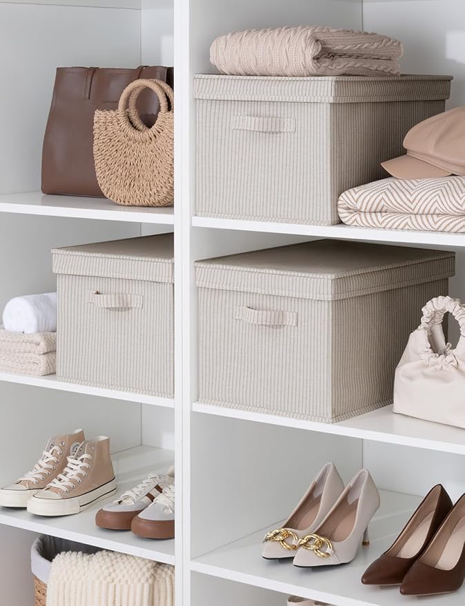 StorageWorks Storage Bins with Lids, Decorative Storage Boxes with Lid and Handles, Foldable Storage Baskets for Closet, Shelves, Stackable, Khaki Stripe, Jumbo, 3-Pack