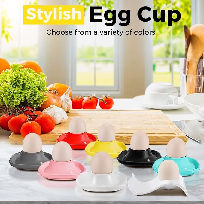 Flexzion Egg Cups for Soft Boiled Eggs - Set of 6 Ceramic Egg Holder - Stackable Egg Coddler Cups with Base for Serving, Breakfast, Brunch - Kitchen Table Decor, Yellow