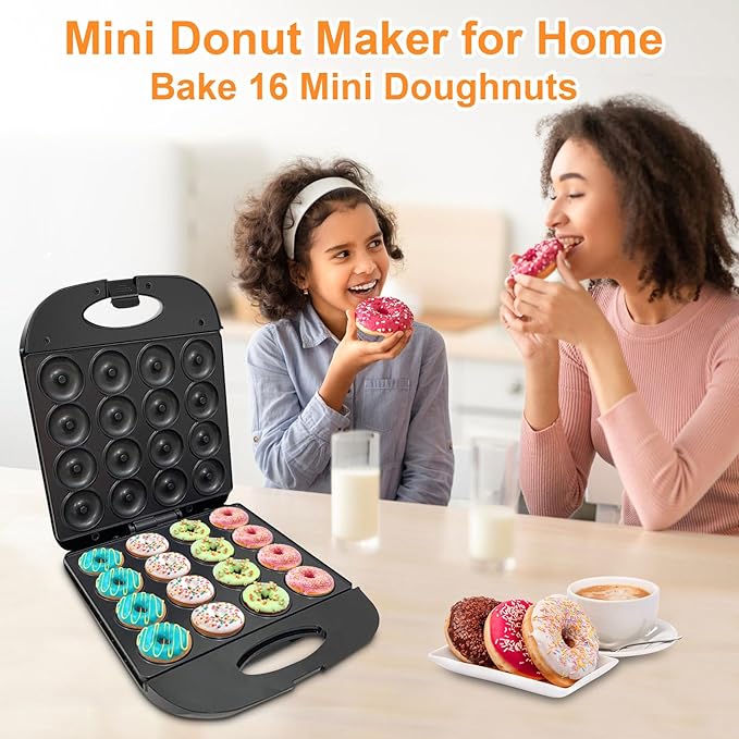 2025 Mini Donut Maker Machine for Home, Kid-Friendly 16-Hole Electric Doughnut and Pancake Maker with Non-Stick Surface, Ideal for Homemade Doughnuts (Black with Mini Oven Gloves & Brush)