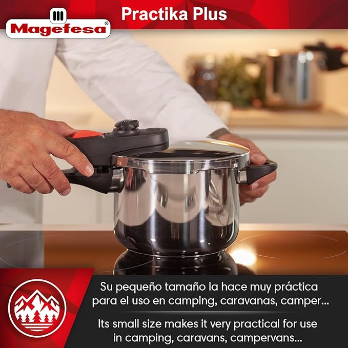 Magefesa Practika Plus Pressure Cooker, 4.2 & 6.3 Quart, 18/10 Stainless Steel, Induction-Compatible, Superior Heat Distribution, Encapsulated Diffuser Bottom, 5 Safety Systems