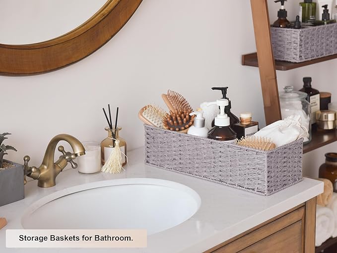 StorageWorks Round Paper Rope Toilet Tank Topper Basket, Wicker Basket for Bathroom, Gray, 2-Pack