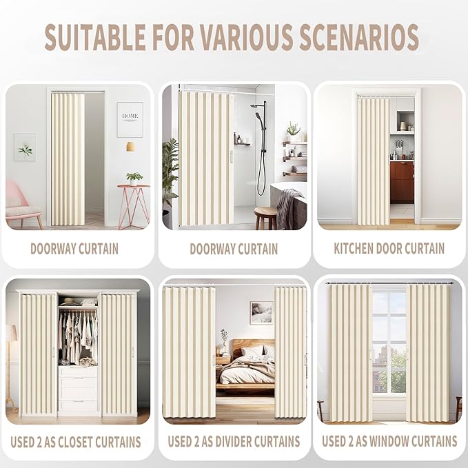 Vatge Closet Curtain for Open Closet, Folding Accordion Door Curtains for Closets Without Door, Privacy Curtain for Doorway, 1 Panel with Tieback, W39 x L78, Butter Cream