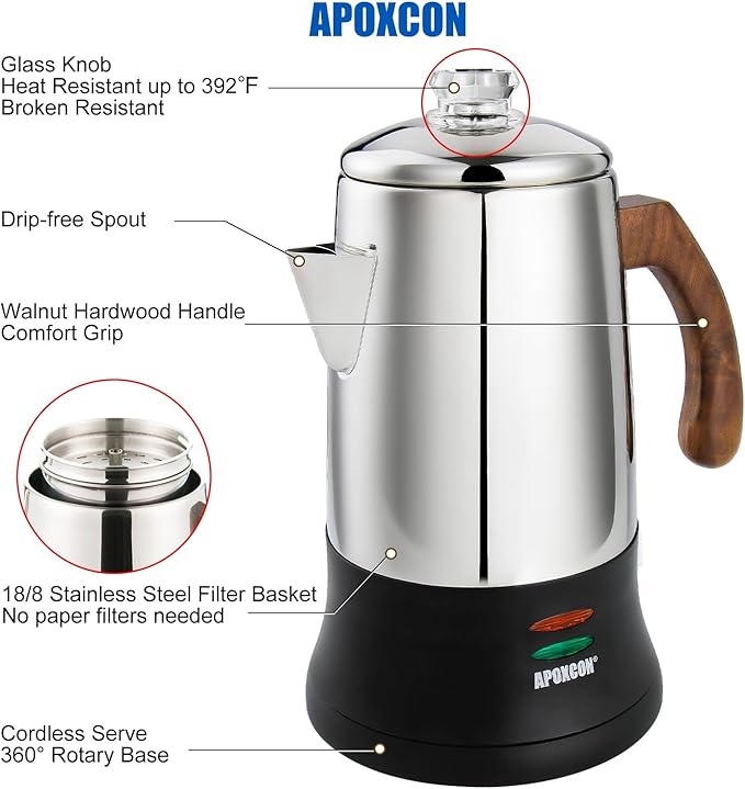 Electric Coffee Percolator Stainless Steel Coffee Maker with Tough Glass Clear Brew Progress Knob & On/OFF Switch Keep Warm Cordless Serve for Home and Hotel Room Use Gift Box Packaging 6 Cup