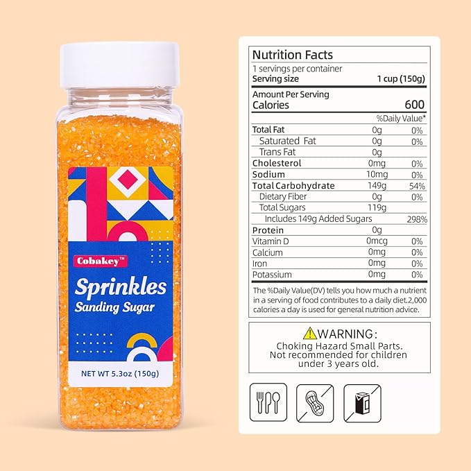 Orange Sanding Sugar for Baking Edible Sparkling Sprinkles Coarse Sugar Crystals for Easter Cake Decoration Cookie Cupcake Topper Ice Cream Topping Supplies 150g/5.3oz