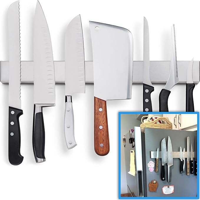 Premium Magnetic Knife Holder for Refrigerator that Doesn't Slide – 17 Inch Professional Double Sided Knife Strip for Fridge - Knife Rack/Knife Bar With Powerful Magnetic Pull Force (Upgraded Version)