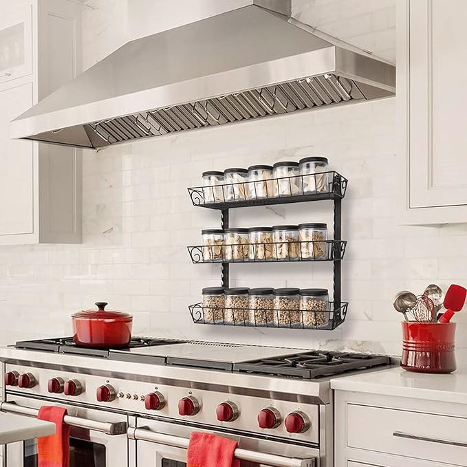 SWOMMOLY Adjustable Wall Mount Spice Rack, 3-Tier Dual-use (Multi-use) Organizer, Black