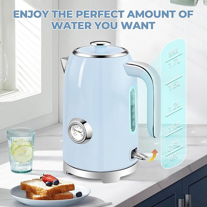 SUSTEAS Electric Kettle - 57oz Hot Tea Kettle Water Boiler with Thermometer, 1500W Fast Heating Stainless Steel Tea Pot, Cordless with LED Indicator, Auto Shut-Off & Boil Dry Protection, Blue