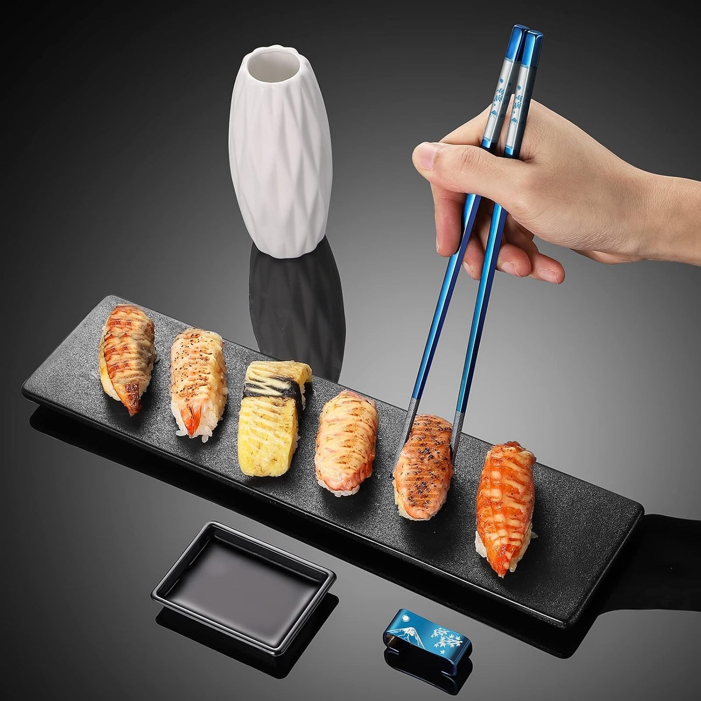 Metal Chopsticks Reusable 2 Pairs Titanium Plated 18/8 Stainless Steel Chopsticks with Holder, Dishwasher Safe Non-Slip Japanese Style Laser Engraved Chop Sticks Gift Set (Blue)