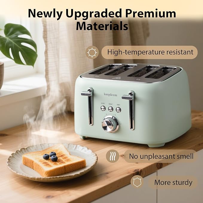 4-Slice Toaster 1.5" Extra Wide Slot Stainless Steel with High Lift Lever, 6 Presets & Bagel/Defrost/Cancel Function, Removal Crumb Tray, Under Base Cord Storage, Green