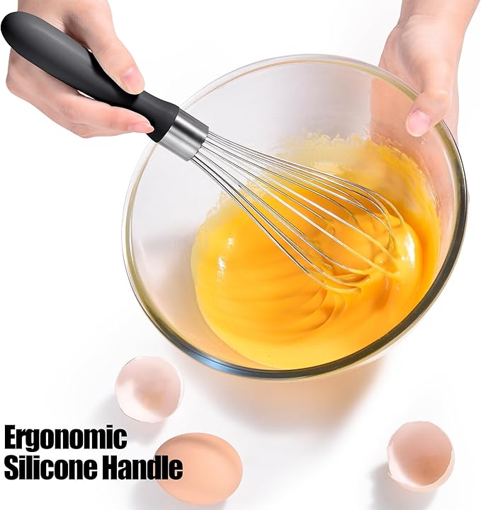 18/8 Stainless Steel Balloon Whisk, Doosu Kitchen Whisk for Cooking Handheld Egg Beater with Rust-Proof Sturdy Wires & Non-Slip Silicone Handle for Beating, Stirring, Blending (8 Wires, Black)