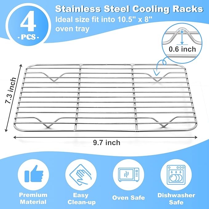P&P CHEF Baking Cooling Rack Set for Cooking Roasting, 4-Piece Stainless Steel Wire Racks for Oven Use, Healthy & Dishwasher Safe, Rectangle, 9.7 Inch