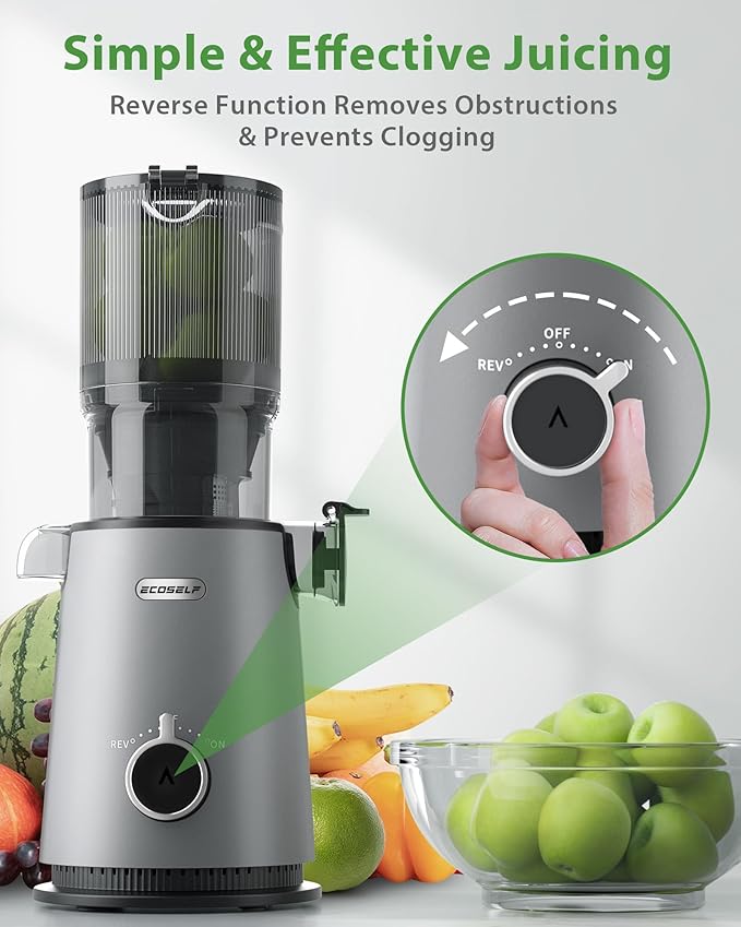 Cold Press Juicer, ECOSELF Juicer Machines with Large Feed Chute Fit Whole Fruits & Vegetables, Self Feeding for Juice Extractor Machine, Easy to Clean and Assemble, High Juice Yield