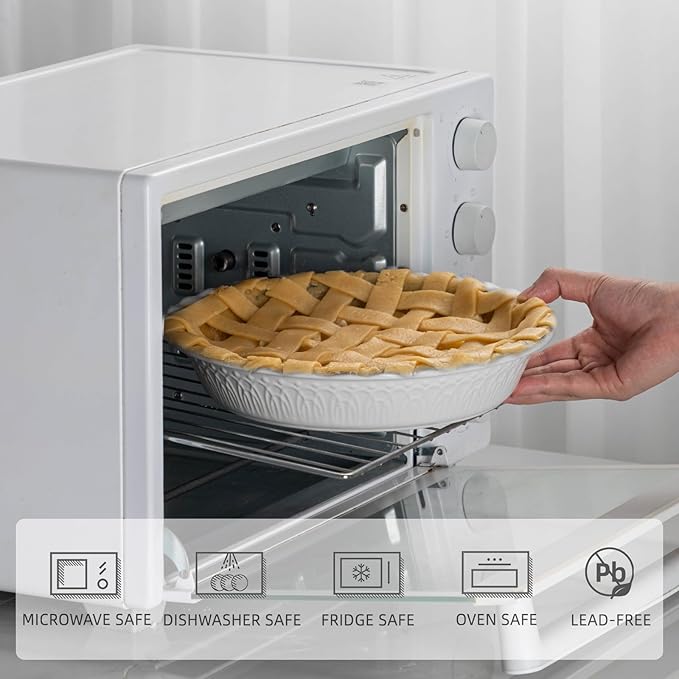 Fun Elements Ceramic Pie Pan, 9 Inch Pie Dish for Baking, Ruffled Pie Plate, Non-Stick Deep Dish Pie Pan for Apple Pie and Pot Pie, Thanksgiving Christmas Gifts, Set of 2, White