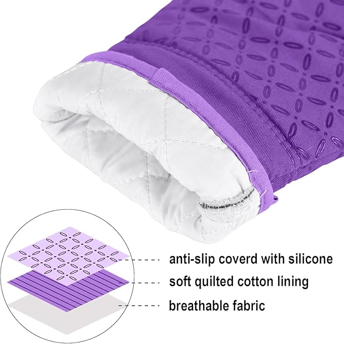 KEGOUU Oven Mitts and Pot Holders 6pcs Set, Kitchen Oven Glove High Heat Resistant 500 Degree Extra Long Oven Mitts and Potholder with Non-Slip Silicone Surface for Cooking (Purple)