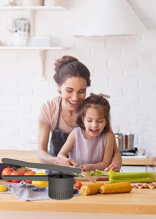 Large 15oz Potato Ricer Masher, Heavy Duty Stainless Steel Potato Masher with Ergonomic Handle, Masher and Ricer Kitchen Tool for Mashed Potatoes, Noodle Maker, Black