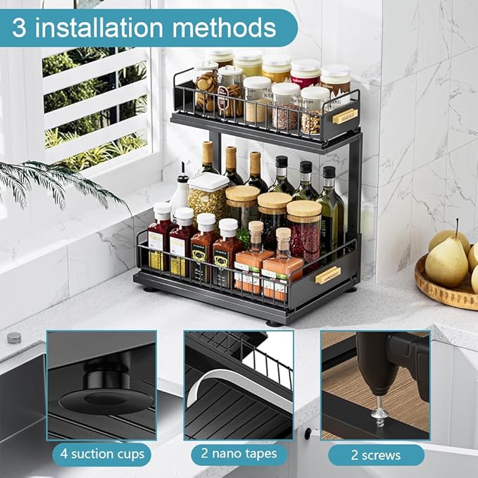 Under Sink Organizer, Pull Out Kitchen Cabinet Organizer, 2-Tier Metal Under Sink Organizers and Storage Height-Adjustable, Kitchen Bathroom Organizers and Storage Shelves, Black