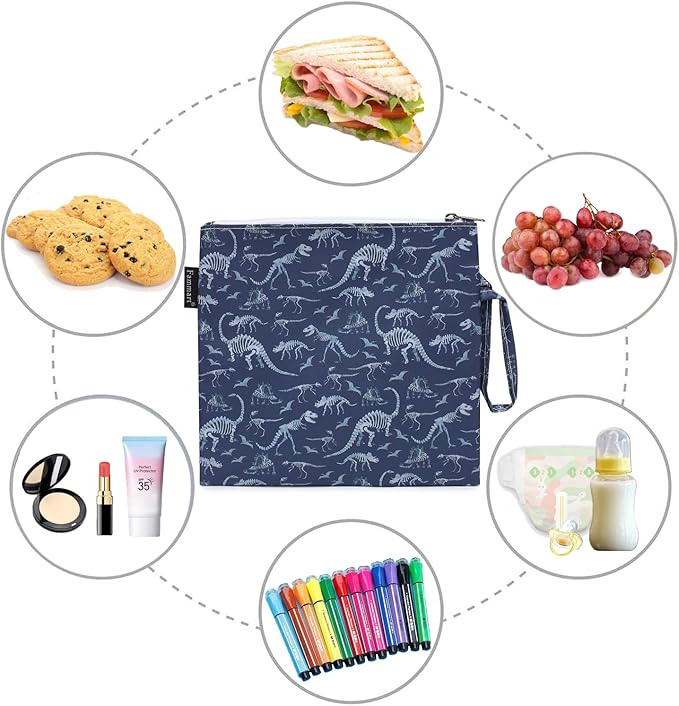 Reusable Sandwich Bag/Snack Bag for Kids & Adults, Dual Layer Lunch Bag with Handle, Washable, Food Safe, BPA Free (1-Pack, Dinosaur Fossil)