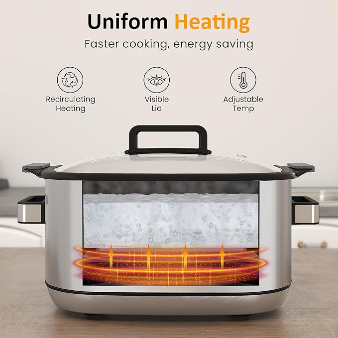 Sunvivi 12-in-1 Multi Slow Cooker Roaster Oven, 6.5QT Sliver Digital Programmable Slow Cooker with Rack, Large Removable Nonstick Crock, Glass Lid, Multicooker with Timer Temp Control, Delay Start