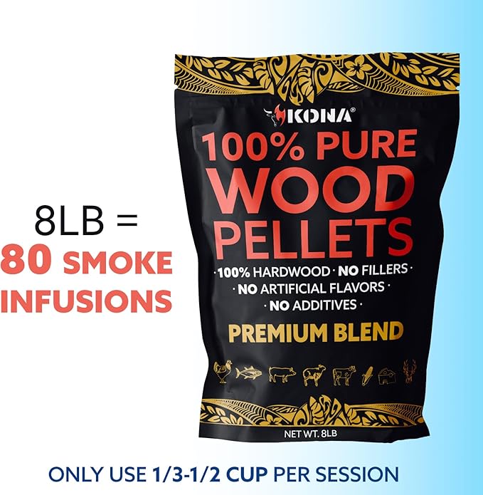 Kona Premium Blend Wood Pellets - Concentrated, Pure, Old Growth Hardwood Grilling Pellets - for BBQ, Smoker Tubes, Grills - 8 lbs Our Highest Rated in Blind Taste Testing