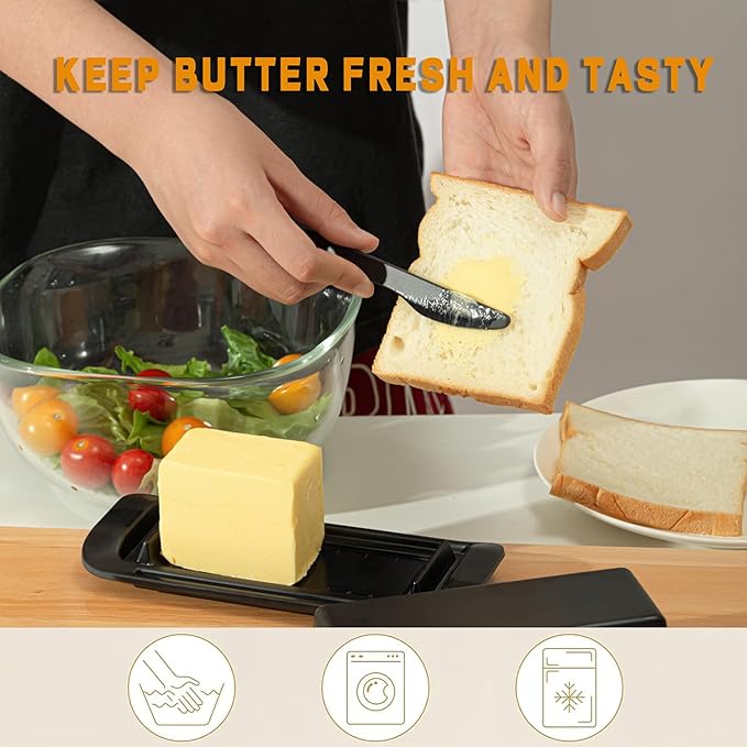 Butter Dish with Lid for Countertop, Butter Dish with Knife, Butter Keeper for Kitchen or Fridge, Bamboo Fiber Butter Tray, Butter Holder for 1 Stick Butter, BPA-free, Dishwasher Safe(Black)