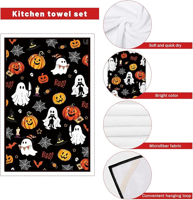 Halloween Pumpkin Kitchen Towels and Oven Mitts Set 4Pcs, Soft Absorbent Dish Cloth Heat Resistant Oven Gloves for Cooking Baking Kitchen Decoration, Gifts for Her