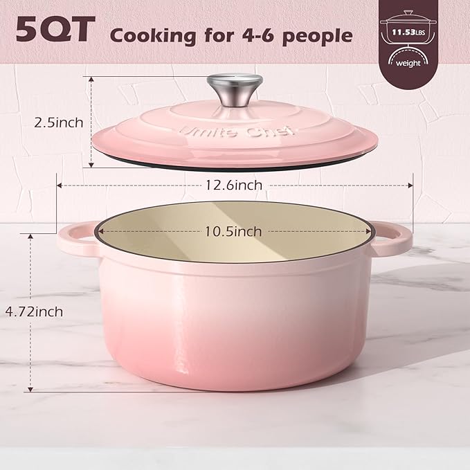 Umite Chef 5QT Enameled Cast Iron Dutch Oven Pot with Lid, Heavy-Duty Cookware for Bread Baking, Braising, Stews, Roasting, Wedding Registry Ideas & Gifts (Pink)