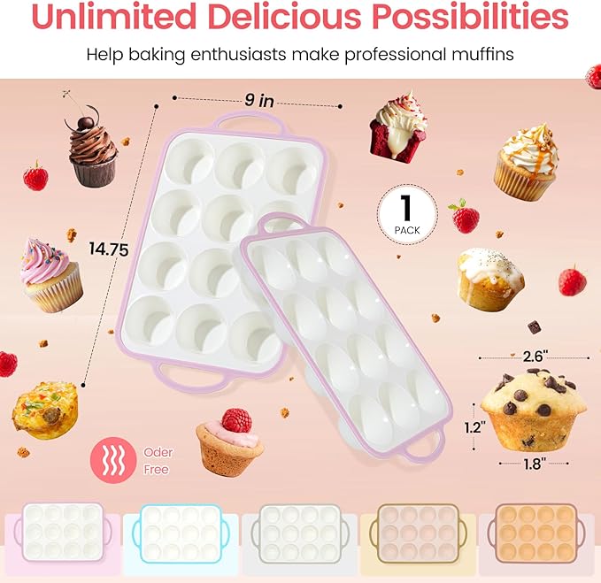 Silicone Muffin Pans for Baking 1 Pack, 2.6 Inch with Metal Reinforced Frame, Regular Size Nonstick Silicone Cupcake Pan for Baking Homemade Muffins, Cupcakes, Dishwasher Safe BPA Free-Pink