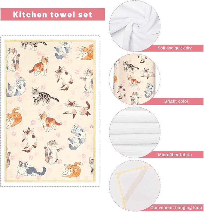 Cute Cat Kitchen Towels and Oven Mitts Set 4Pcs, Soft Absorbent Dish Cloth Heat Resistant Oven Gloves for Cooking Baking Kitchen Decoration, Gifts for Her