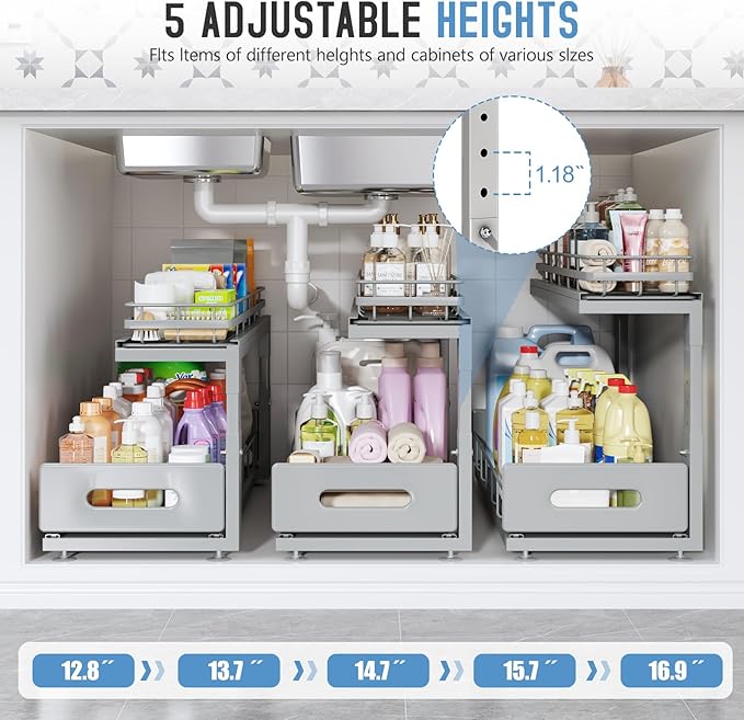 1 Pack Under Sink Organizer Upgrade to Professional Rails,2-Tier Dual Pull Out Cabinet Storage,Height Adjustable Slide Out Drawers for Bathroom Kitchen,Under Sink Shelf-Gun Gray