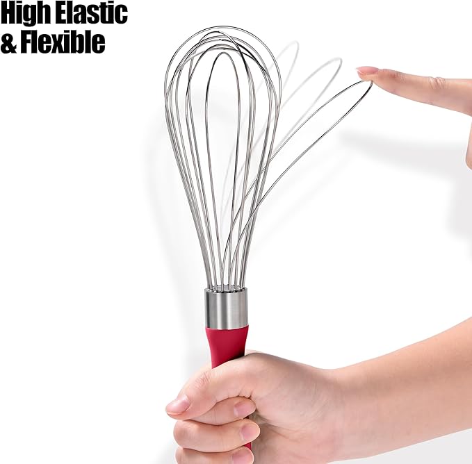 18/8 Stainless Steel Balloon Whisk, Doosu Kitchen Whisk for Cooking Handheld Egg Beater with Rust-Proof Sturdy Wires & Non-Slip Silicone Handle for Beating, Stirring, Blending (8 Wires, Red)