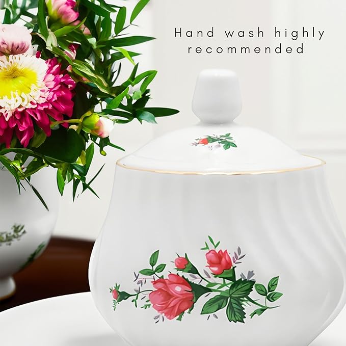 Sugar and Creamer Set - Porcelain Sugar and Creamer Floral Vintage Tea Set with Gold Trims & Embossed Swirls - Exquisite Fine China Tea Set for Parties & Celebrations - Vintage Rose Set by Lynns