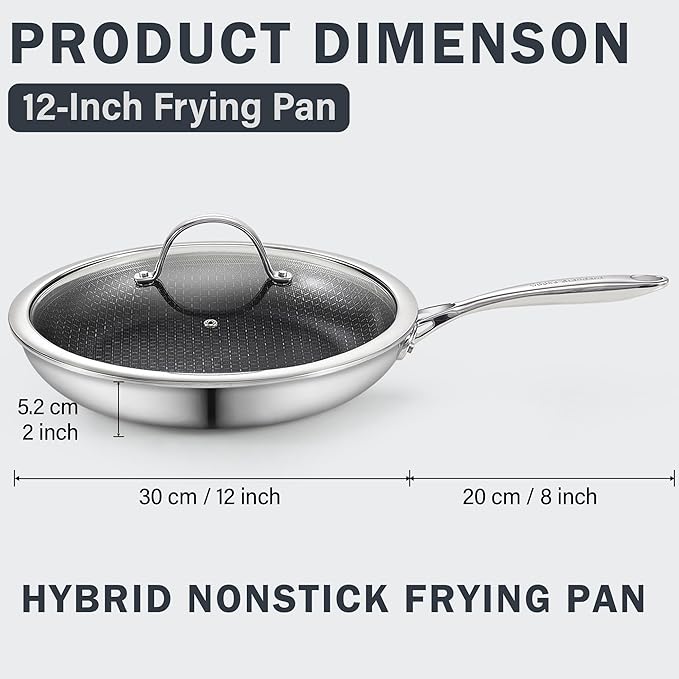 Cooks Standard Hybrid Nonstick Frying Pan, 12-Inch Skillet, Multi-Ply Clad Stainless Steel Fry Pan with Tempered Glass Lids, Oven Safe, Compatible with All Stovetops