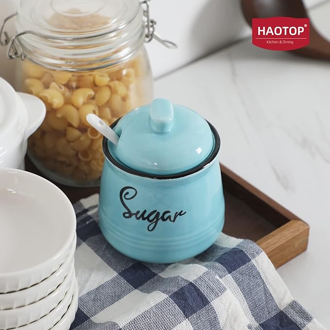 HAOTOP Farmhouse Porcelain Sugar Bowl with Lid and Spoon 12oz,Easy to Clean (Turquoise)