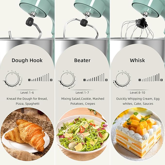 Electric Stand Mixer,10 Speeds Tilt-Head Food Mixer, 3-IN-1 Kitchen Mixer for Daily Cooks with Dishwasher-Safe 6QT Bowl,Dough Hook, Beater, Whisk (Agave Green)