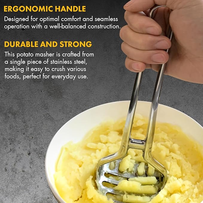 Heavy Duty Stainless Steel Potato Masher – Durable & Rustproof – Unique One-Piece Design for Quicker Mashing root vegetables, avocados, apples, beans, and nuts – 11-inch Long, Dishwasher Safe