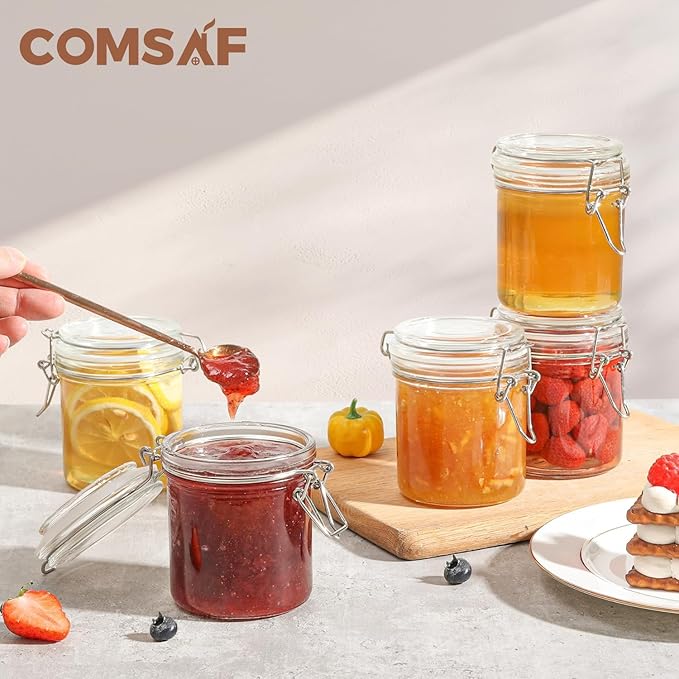 ComSaf 8oz Small Airtight Glass Jars Set of 12 with Lid Food Storage Jar Round, Mini Storage Container with Clear Preserving Seal Wire Clip Fastening for Kitchen Canning, Jam, Spice, Honey, Mason Jars