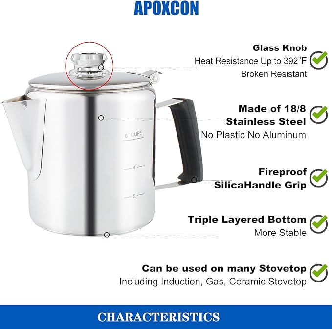 Multi Use 6 Cup Coffee Pot Bundle Coffee Percolator with 2 Mugs Stainless Steel Coffee Maker with Two Heat Resistant Tough Borosilicate Glass Knob Fireproof Silica Handle Using on any Stovetop