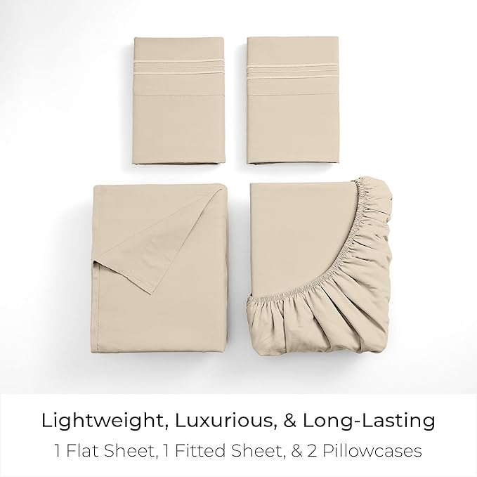 Mellanni Queen Sheets Set - 4 PC Iconic Collection Bedding - Hotel Luxury, Extra Soft, Cooling Bed Sheets - Wrinkle, Fade, Stain Resistant (Queen, Beige)