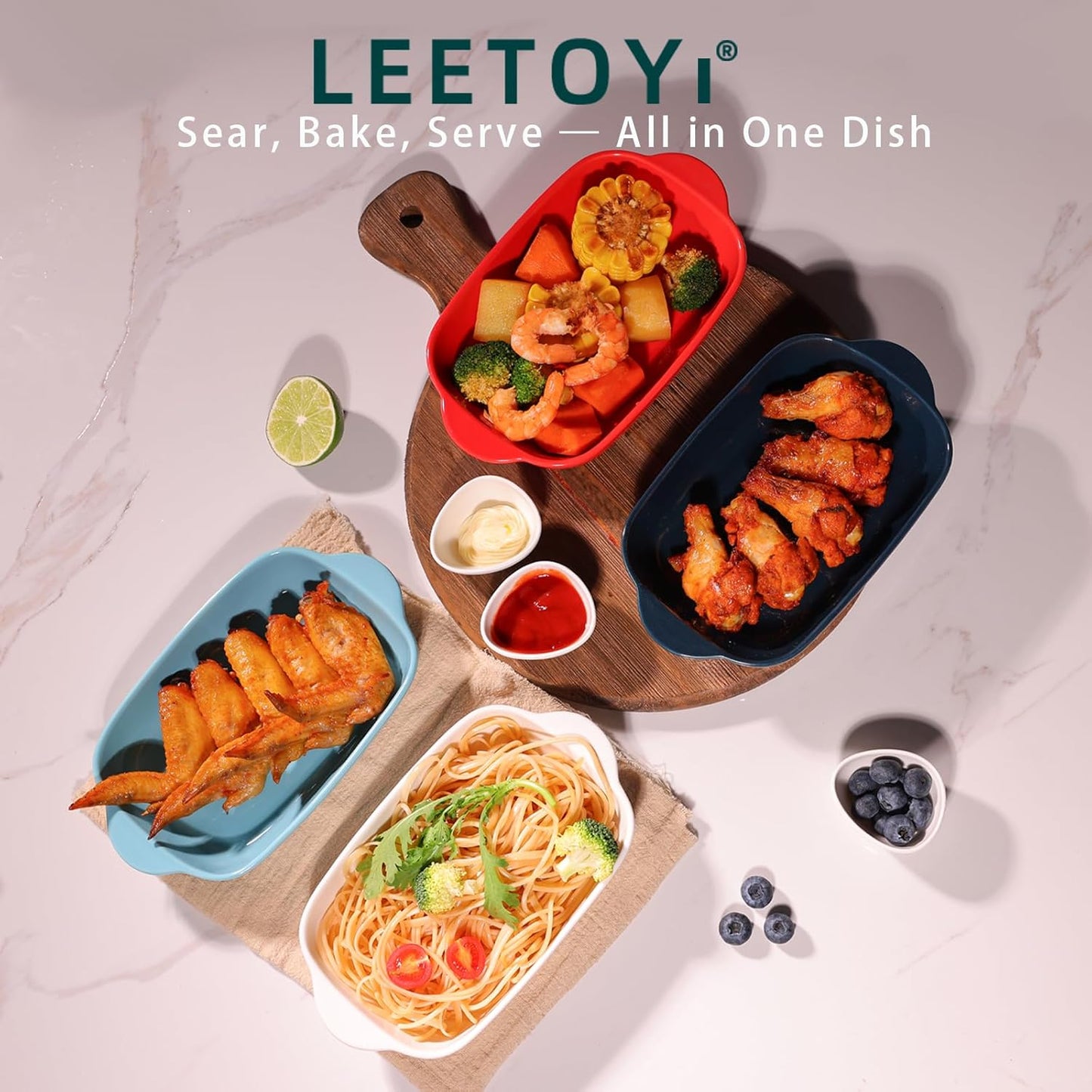 LEETOYI Ceramic Small Baking Dish 7.5-Inch Set of 4, Rectangular Bakeware with Double Handle, Baking Pans for Cooking and Cake Dinner (Navy)