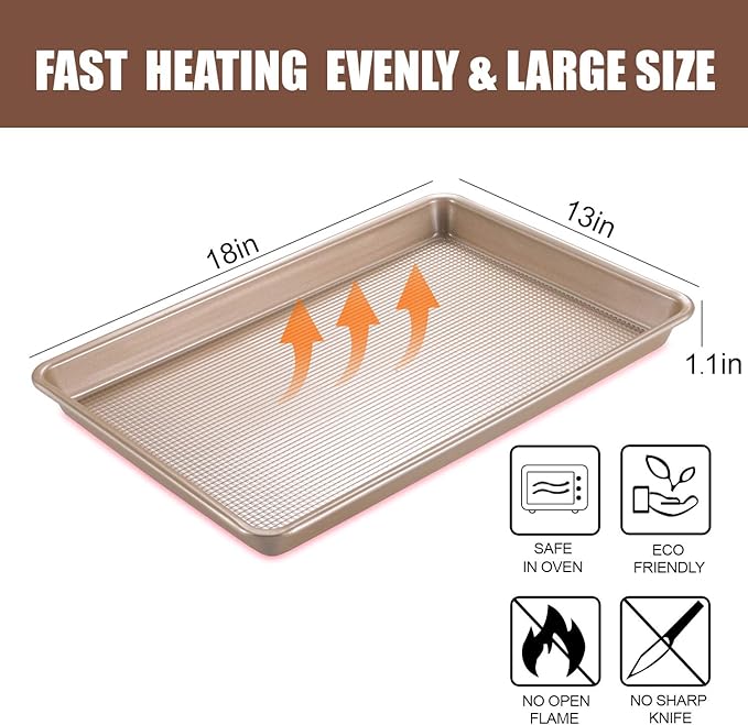 Commercial Half Sheet Pan Set - 18x13 Inch Large Nonstick, Heavy Duty Warp Resistant Cookie Tray for Baking Roasting - Gold