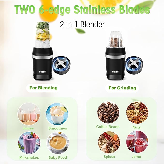 Nahida Blender for Smoothies, 1200W Smoothie Blender for Ices Crushing, Blenders with (2) 6-Fin Blades, Personal Blenders for Kitchen with 23oz, 32oz, 37oz Easy Go Cups for Juices, Black
