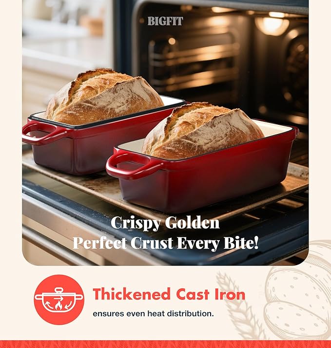 2 IN 1 Cast Iron Bread Loaf Pan with Lid, 3.4QT 9x5 Inch Dutch Oven for Bread Baking, Even Heating Bread Oven, Enameled Bread Pan for Homemade Sourdough Bread Baking & Versatile Cooking, Red