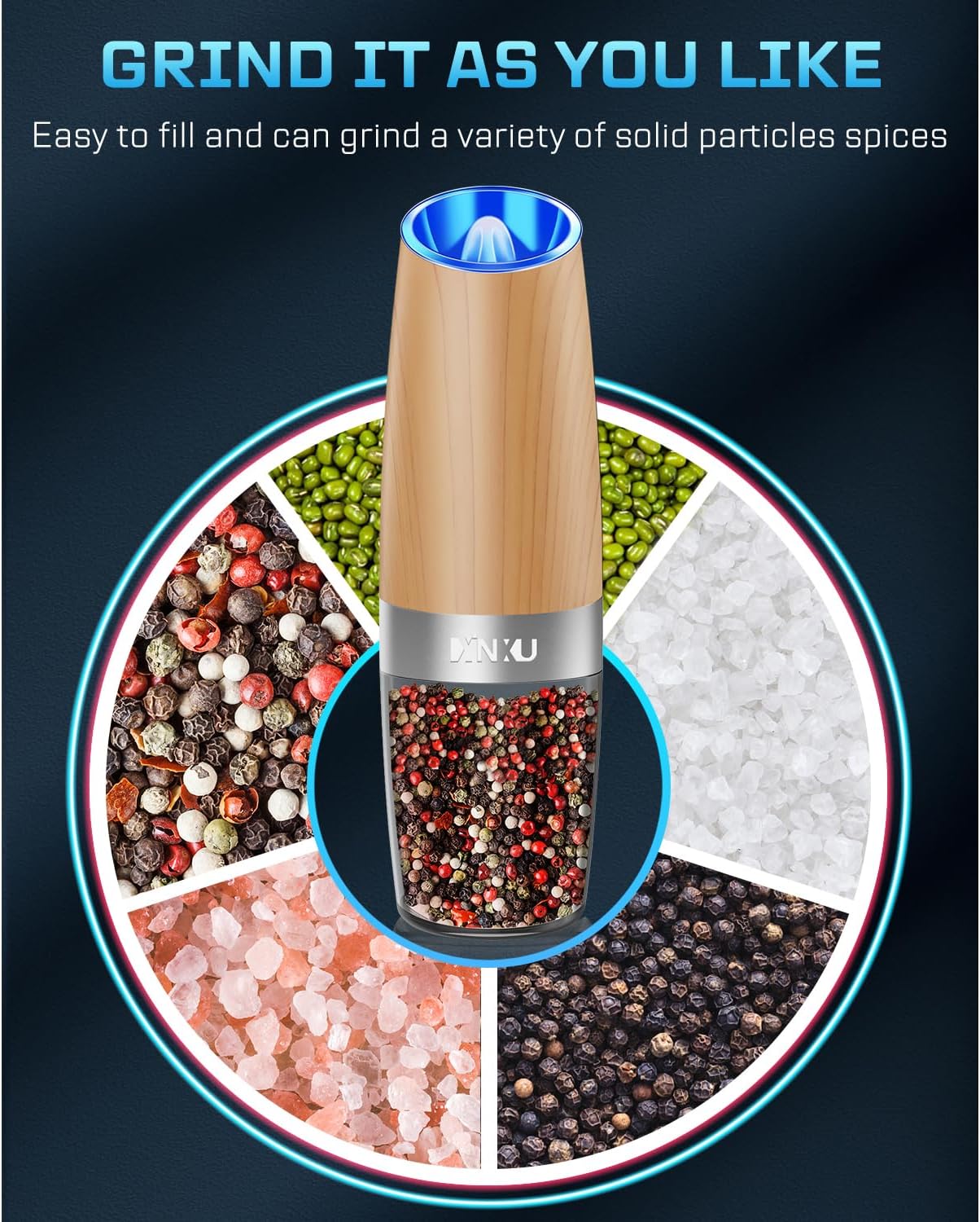 XinXu Gravity Electric Pepper and Salt Grinder Set, Automatic Mill Grinder Shaker,Battery-Operated, Adjustable Coarseness, Stainless Steel, LED Light, One Hand Operated,Wood Grain