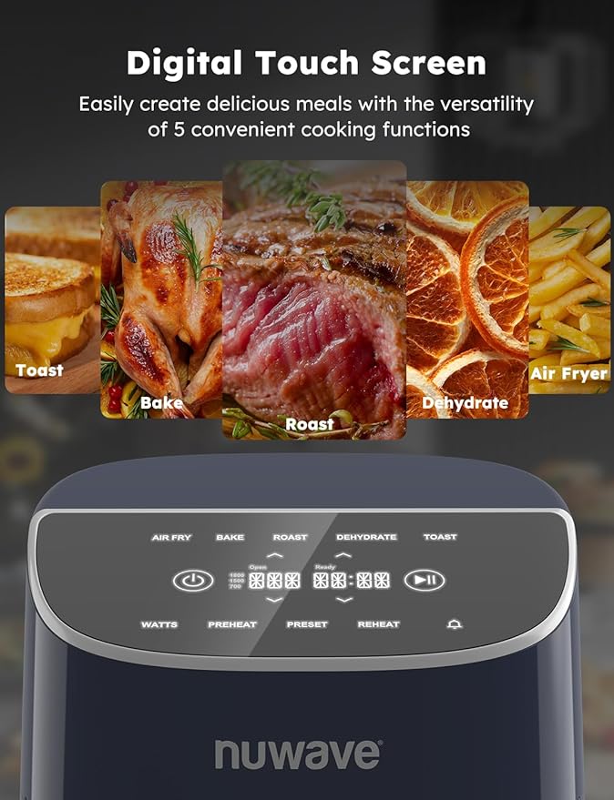 Nuwave Brio Plus 8 Qt Air Fryer, PFAS Free, New & Improved, Digital Touch Screen, Cool White Display, 50°F~400°F in Precise 5°, 5 Cook Functions, 100 Presets & 50 Memory, 3 Wattages 700, 1500, 1800