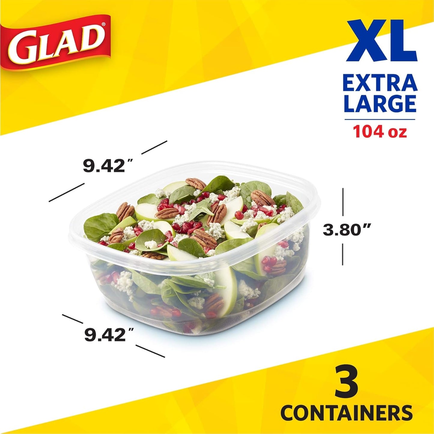GladWare Family Size Food Storage Containers, XL | Large Square Food Storage, Containers Hold up to 104 Ounces of Food, Large Set 3 Count Food Containers | Tupperware, Plastic Food Container
