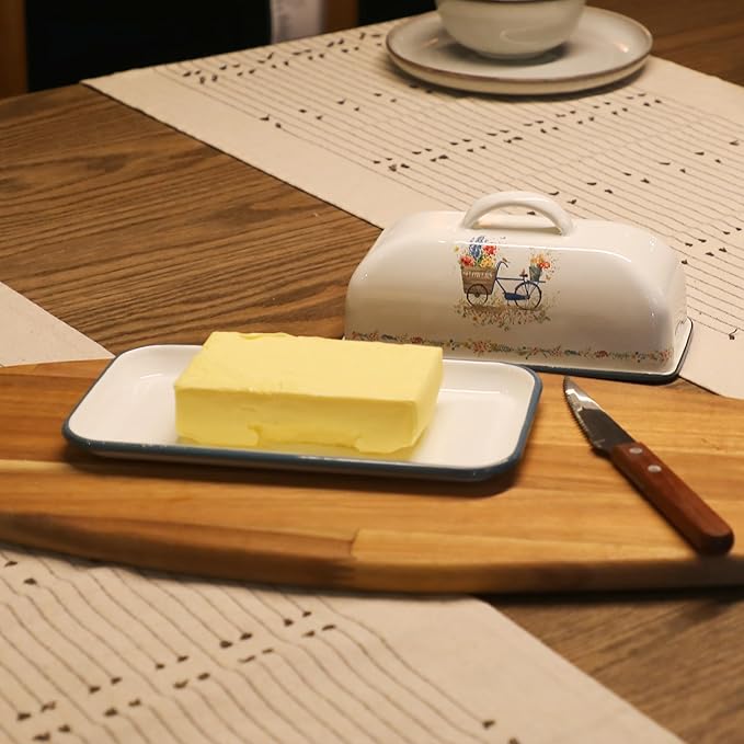 Enamel Butter Dish with Lid Vintage Enamelware Butter Keeper with Flower and Bird Patterns Farmhouse Butter Container Butter holder for Countertop Kitchen Decor Blue