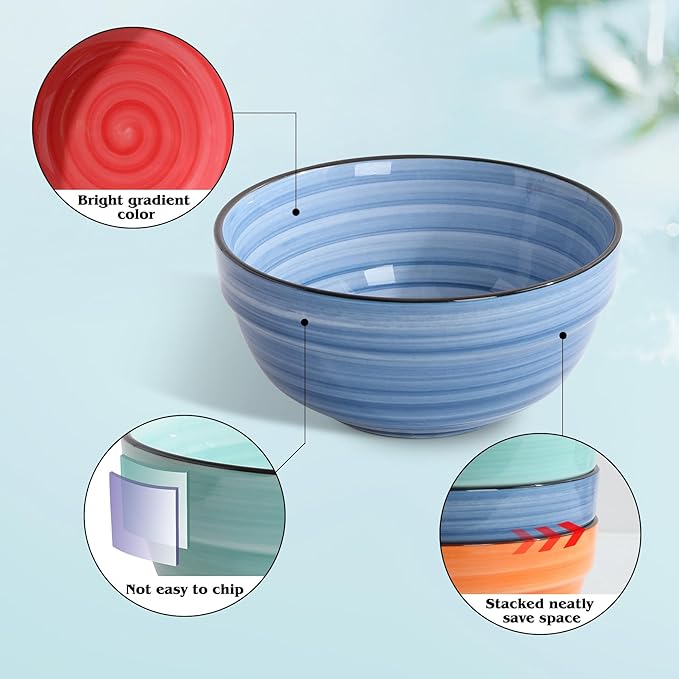 HAPPY KIT Ceramic Serving Bowls, 6 Inch Colorful Bowls for Kitchen, 24 Ounce Soup Bowls Set of 6, Dishwasher & Microwave Safe, Porcelain Bowls for Cereal Soup Rice Pasta Salad Oatmeal Soup