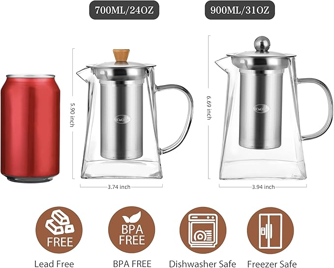CNGLASS Glass Teapot with Infuser,24oz Clear Glass Tea Kettle with Removable Stainless Steel Strainer,Stovetop Safe Glass Teapot for Blooming and Loose Leaf Tea…